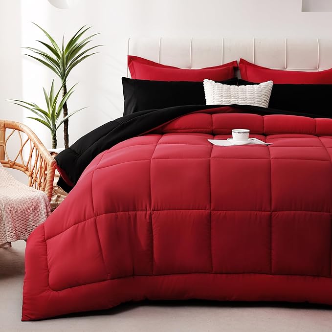 DOWNCOOL Full Size Comforter Sets, 7Pcs Full Size Bedding Sets Red/Black, All Season Down Alternative Bedding Comforter Sets with Comforter, Flat Sheet, Fitted Sheet, 2 Pillow Shams & 2 Pillowcases