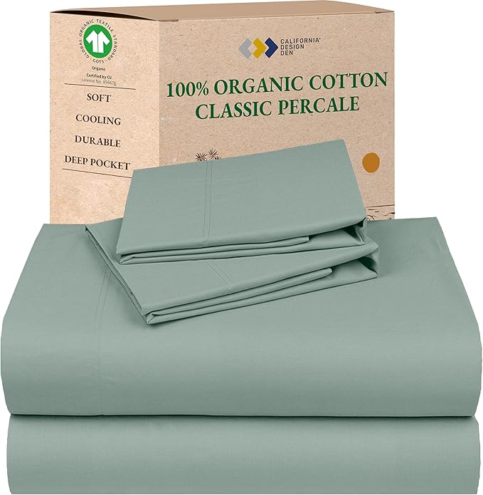 California Design Den Deep Pocket Full Size Sheets Set - Soft 100% Organic Cotton, Crisp and Cool Percale Sheets, Deep Pockets with Anti-Skid Elastic, Breathable and Durable Bedding Set - Sage Green