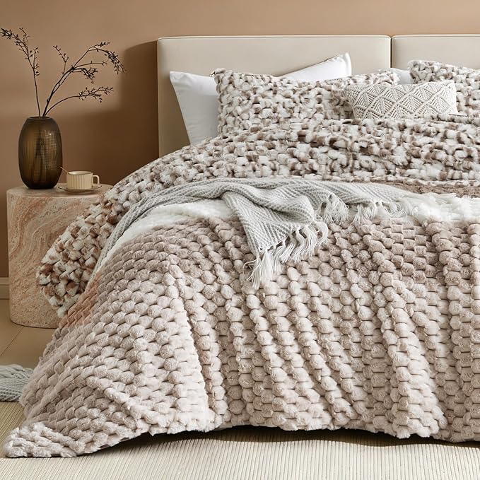 Petrichor Fluffy King Comforter Set - Taupe and White Striped Faux Fur Blanket for King Bed, Ultra-Soft Warm Bedding for Winter & Fall, Cozy 3 Piece Bed Set (1 Comforter & 2 Pillowcases)