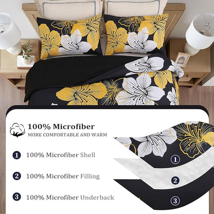 Menghomeus California King Comforter Set Black/Gold Floral Bedding Comforter Sets, Soft Microfiber Bed Set for All Season 3 Piece Botanical Flowers Comforter, Pillowcases