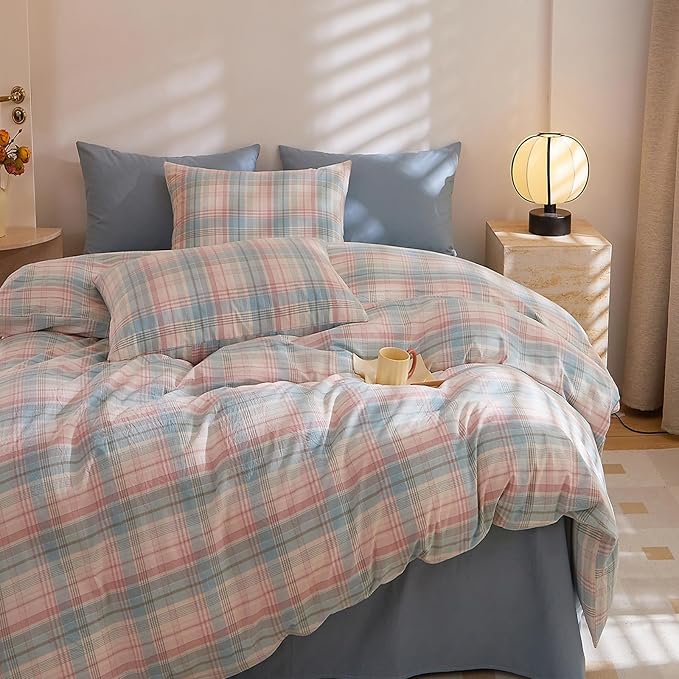 HighBuy Blue Gingham Comforter Set Twin XL Boho Chic Checkered Plaid Printed Bedding Comforter Set 3 Pieces for Teen Girls Modern Grid Comforter Twin XL Fluffy Gingham Bedding Set