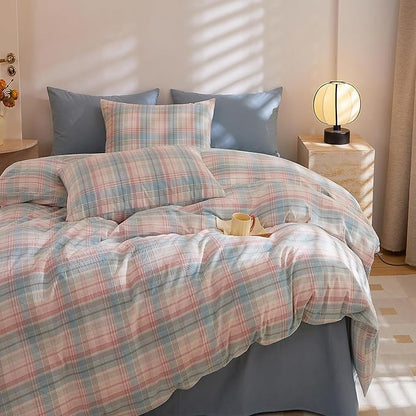 HighBuy Blue Gingham Comforter Set Twin XL Boho Chic Checkered Plaid Printed Bedding Comforter Set 3 Pieces for Teen Girls Modern Grid Comforter Twin XL Fluffy Gingham Bedding Set