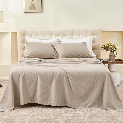 Simple&Opulence Belgian Linen Sheet Set Solid Color - 4 Pieces (1 Flat Sheet & 1 Fitted Sheet & 2 Pillowcases) Natural Flax Cotton Blend Soft Bedding Breathable Farmhouse - Khaki, Queen Size