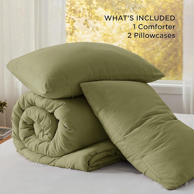 Bedsure Queen Comforter Set, Olive Green Soft Prewashed Bedding for All Seasons, 3 Pieces GentleSoft™ Bed Set, 1 Lightweight Comforter (90"x90") and 2 Pillowcases (20"x26")