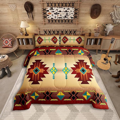 Erosebridal Western Aztec Comforter Set for Boys, Native Tribal Ethnic Bedding Set Twin Size Farmhouse Boho Geometric Quilt Southwestern Ethnic American Native Duvet Insert for Adult Men, Red