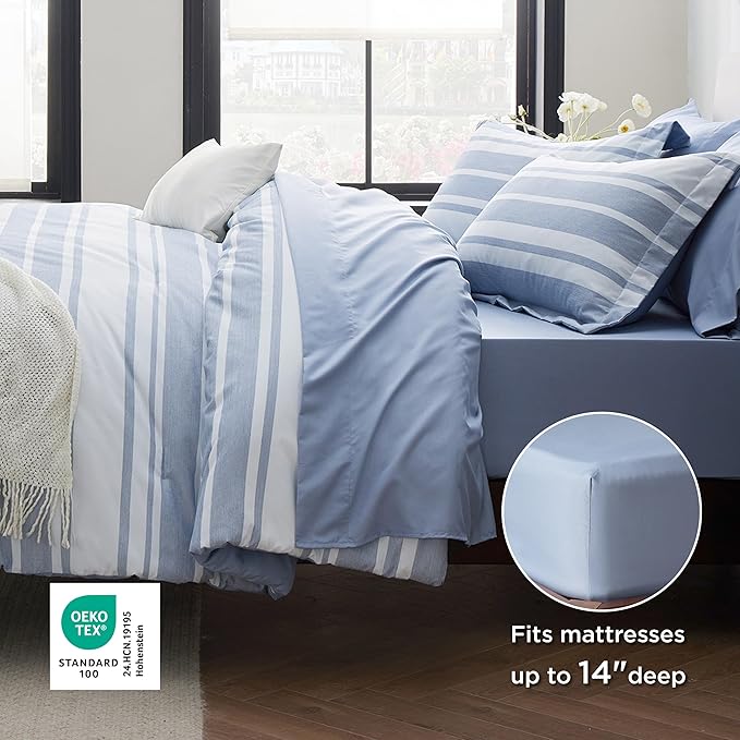 Bedsure California King Comforter Set 7 Pieces, Blue Striped Bedding Set for All Seasons, Reversible, Cationic Dyeing Bed in a Bag with Comforter, Sheets, Pillowcases & Shams