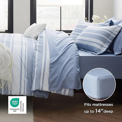 Bedsure Queen Comforter Set 7 Pieces, Blue Striped Bedding Set for All Seasons, Reversible, Cationic Dyeing Bed in a Bag with Comforter, Sheets, Pillowcases & Shams
