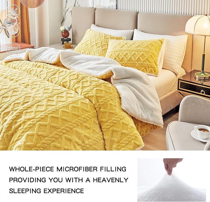 Joyreap 3-Piece Fluffy Faux Fur Sherpa Comforter Set, Twin Size Luxury Tufted Bedding Comforter Set, All Season Soft n Cozy Plush Comforter Bed Set- Yellow, 68x86 inches