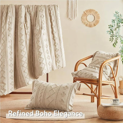 MR&HM Beige Comforter Set Queen, Tufted Boho Bedding Set, Farmhouse Bed in a Bag Set 7 Pieces with 1 Comforter, 2 Pillow Shams, 2 Pillowcases, 1 Flat Sheet, 1 Fitted Sheet for All Seasons