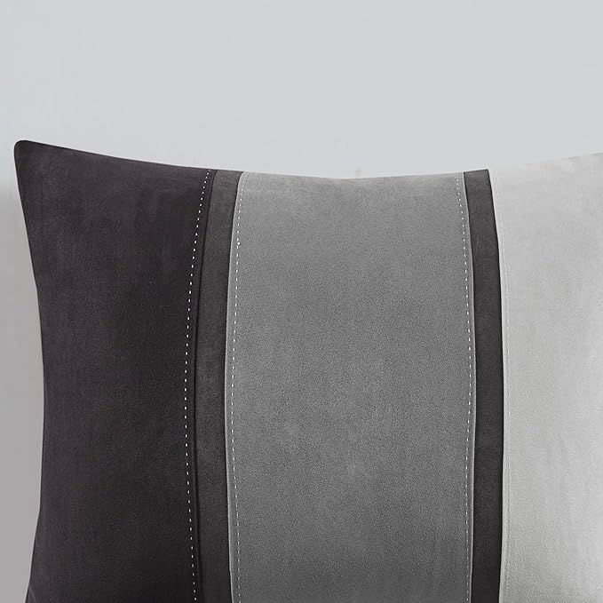 Madison Park Palisades Comforter Set Modern Faux Suede Pieced Stripe Design, All Season Down Alternative Cozy Bedding with Matching Shams, Decorative Pillows, Cal King(104"x92"), Black 7 Piece
