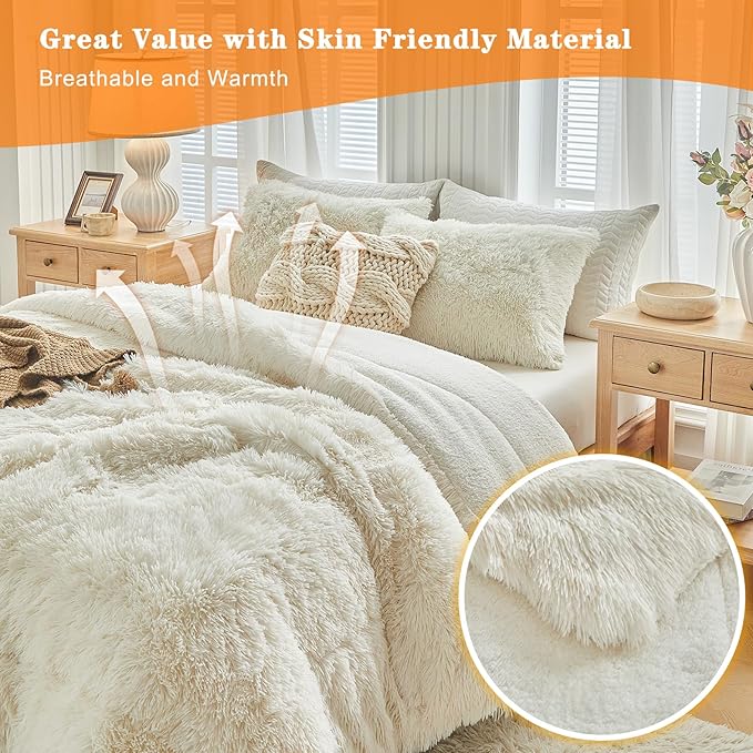 Faux Fur Shaggy Comforter Set Queen 3 Pieces - 1 Cream White Comforter Set with Sherpa and 2 Pillowcases, Ultra Soft and Easy Care Luxury Plush Shaggy Super Soft and Warm Beige Duvet Set