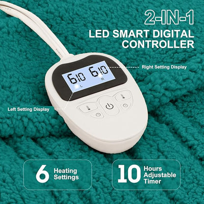 Electric Blanket King Size Single Control - 100"X90" Soft Double Sided Sherpa Heated Blanket with 6 Heating Levels & 10 hrs Timer Settings, Washable & ETL Certified for Bed, Green