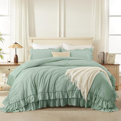 Andency Sage Green California King Comforter Set, 3 Pieces Farmhouse Shabby Chic Bedding Comforter Sets, Lightweight Fluffy Soft Microfiber All Season Bed Set(104x96In Comforter)