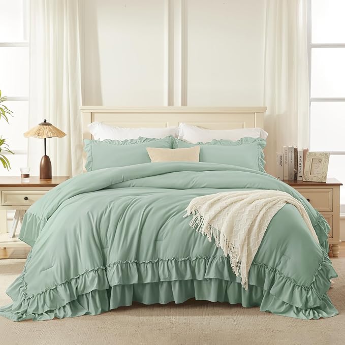 Andency Sage Green Full Size Comforter Set, 3 Pieces Farmhouse Shabby Chic Ruffle Bedding Comforter Sets, Lightweight Fluffy All Season Soft Microfiber Boho Bed Set(79x90Inch)