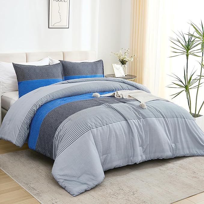 Litanika Bed Comforter King Set Grey Blue, Striped Bedding Comforter Set, 3 Pieces Lightweight Soft All Season Down Alternative Comforter (1 Comforter, 2 Pillowcases)
