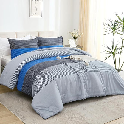 Litanika Blue Grey Comforter Set Twin XL - 2 Pieces Lightweight Pumpkin White Colorblock Stripe Fluffy Bedding Comforter Sets, All Season Bed Set
