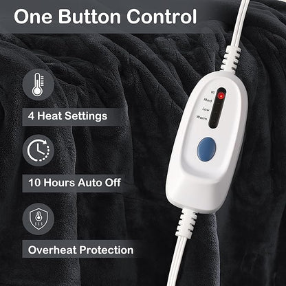 Electric Heated Blanket Full Size 72"x84",Fast Heating Throw, Soft Plush Microplush for Bed & Couch, 10 Hours Auto Off & 4 Heating Levels, Machine Washable, Gifts for Grandma & Family-Black