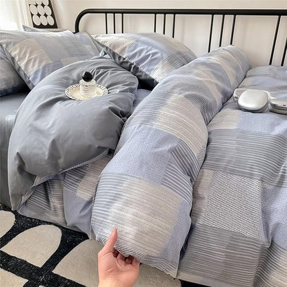 HighBuy Grey Blue Grid Comforter Set Queen Size 3 Piece Gingham Bedding Checkered Stripe Patchwork Comforter Queen with 2 Plaid Pillowcases Boho Comforter Set Striped Art Decor Bedding Set