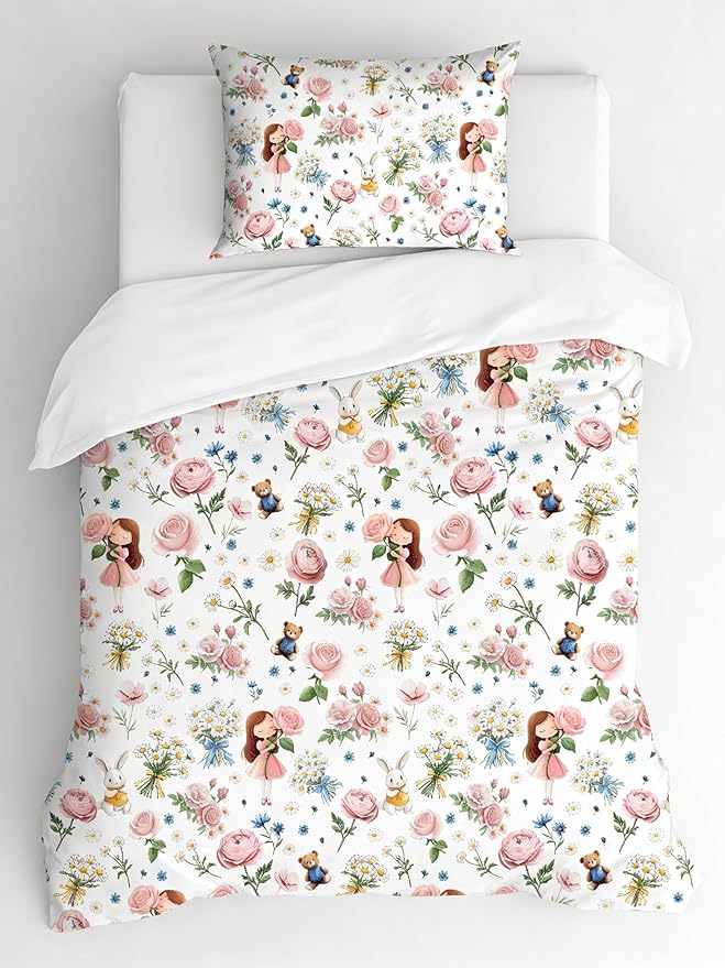 Kids Priness Comforter Set Twin for Girls, 2Pcs Pink Botanical Rose Bedding for Kids Kawaii Bedroom Decor, Cute Girly Rabbit Bear Comforter Set with 1 Pillowcase, 68"x86"