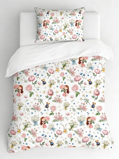 Kids Priness Comforter Set Twin for Girls, 2Pcs Pink Botanical Rose Bedding for Kids Kawaii Bedroom Decor, Cute Girly Rabbit Bear Comforter Set with 1 Pillowcase, 68"x86"