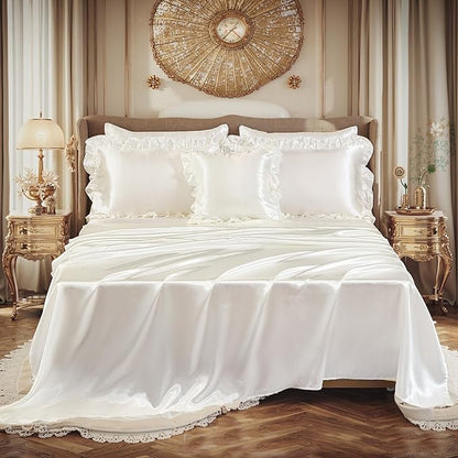 Silk Like Satin Comforter Set with Sheet Set Queen 8 Pcs White Satin Bedding Set Silky Ruffle Pattern Home Deocr Luxury Hotel Silky Bed in a Bag with 1 Cushion Cover