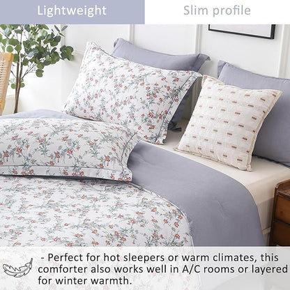 White Floral Cotton Comforter King Size - 3PC Lightweight Bedding Sets with Soft Fill, Elegant Pale Purple & Burgundy Botanical Patterns with Light Gray Reversible Design