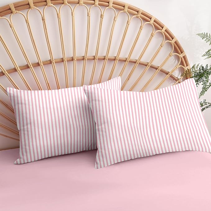 Nayoroom Pink Striped Comforter Set Queen Size White Stripe Comforter 3 Pieces Girls Soft Lightweight Pinstripe Dorm Bedding Set for All Seasons