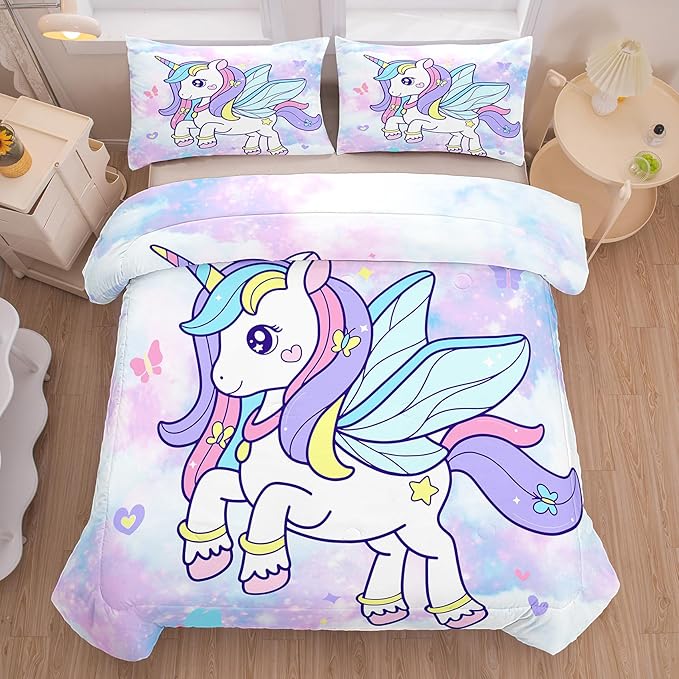 Tailor Shop Unicorn Girls Comforter Sets Full Size,Unicorn Purple Bedding Sets for Girls Kids Teens with 2 Pillowcase……