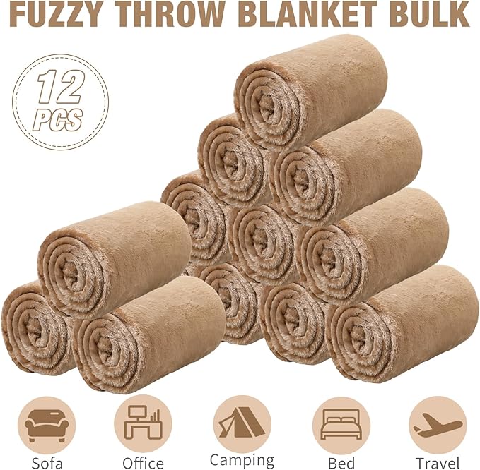 12 Pcs Fleece Blankets for Girls Sleepover Party Soft Fuzzy Throw Blanket 40 x 60 Inch Warm Flannel Blanket for Teenager Bed Travel SPA Movie Party(Light Camel)