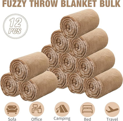 12 Pcs Fleece Blankets for Girls Sleepover Party Soft Fuzzy Throw Blanket 40 x 60 Inch Warm Flannel Blanket for Teenager Bed Travel SPA Movie Party(Light Camel)