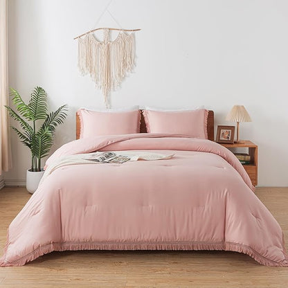 Andency Pink Comforter Set Queen Size for Girls, Blush Boho Women Tassel Lightweight Bedding Comforter Sets, 3 Pieces All Season Soft Fluffy Fringe Bed Set (90x90In Comforter & 2 Pillowcases)