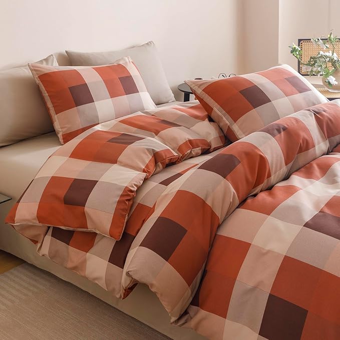 CLOTHKNOW Rust Khaki Plaid King Size Comforter Set Gingham Bedding Comforter Sets Geometric Comforter King Sets with 2 x Pillow Cases