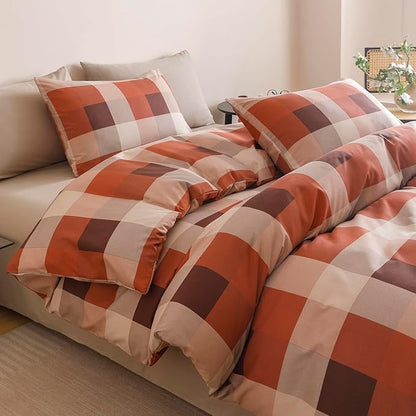 CLOTHKNOW Rust Khaki Plaid Comforter Set Full Size Gingham Buffalo Bedding Comforter Sets Geometric Comforter Full Sets with 2 x Pillow Cases