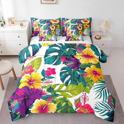 Feelyou Flower Comforter Set Full Size 7 Pieces Palm Leaf Bedding Set for All Season Floral Blossom Botanical Nature Theme Bed in a Bag with Comforter, Sheets, Pillowcases & Cushion Cover