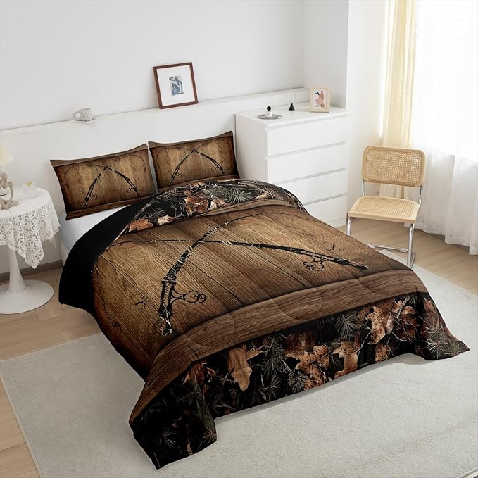 Erosebridal Camouflage Fishing Bedding Set Full Fishing Line Rod Comforter Set Rustic Farmhouse Tree Branch Camo Quilt Bedding for Kids Adults Cabin Lodge Bed Comforter Set Soft Lightweight 3 Pcs