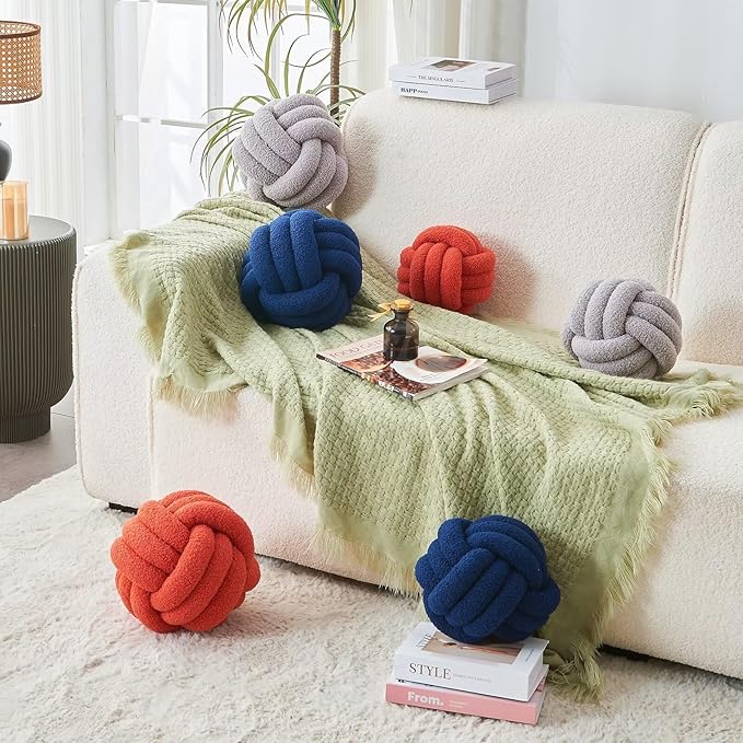 Decorative Throw Knot Pillow Ball for Home Chair Sofa Couch Bed Aesthetic Round Decor Pillows Lambswool Knotted Pillow Cushion (Navy Blue, 13 inches)