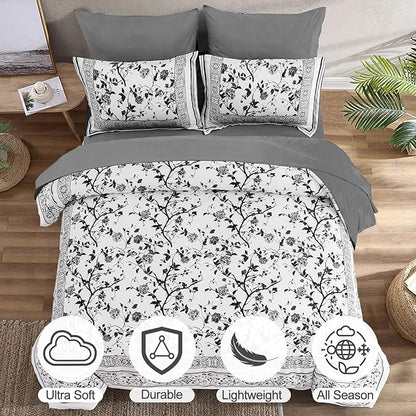 Dobuyly Floral Queen Comforter Set, 7 Piece Bed in a Bag Queen Size Grey Flowers on White Botanical Bedding Set, Soft Microfiber Bedding Comforter Sets with Sheets for All Season