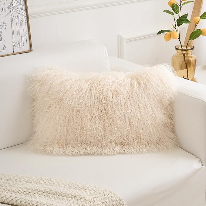 Genuine Mongolian Lamb Fur Pillow Cover – 12"x20" Rectangular Cushion Case – Soft Curly Wool Decorative Accent for Sofa, Bed, or Chair (Beige)