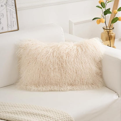 Genuine Mongolian Lamb Fur Pillow Cover – 12"x20" Rectangular Cushion Case – Soft Curly Wool Decorative Accent for Sofa, Bed, or Chair (Beige)