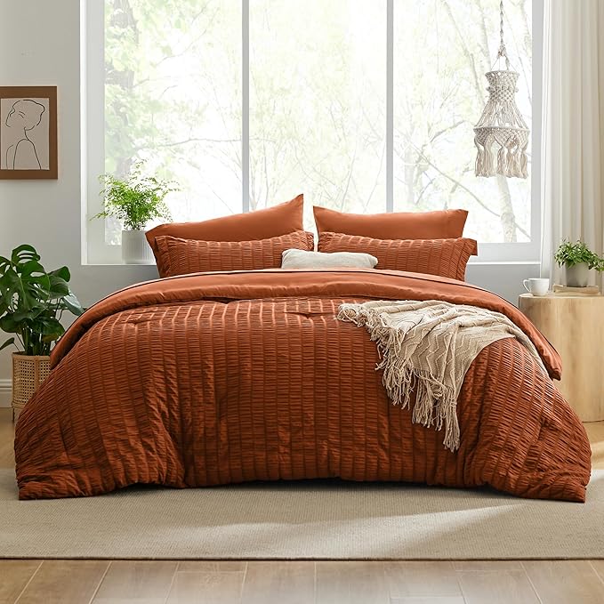 Love's cabin Seersucker Terracotta Full Comforter Set, 7-Piece All Season Lightweight Bed in a Bag Bedding Set with Comforter, Flat Sheet, Fitted Sheet, Pillowcases and Shams | Soft, Breathable, Lightweight