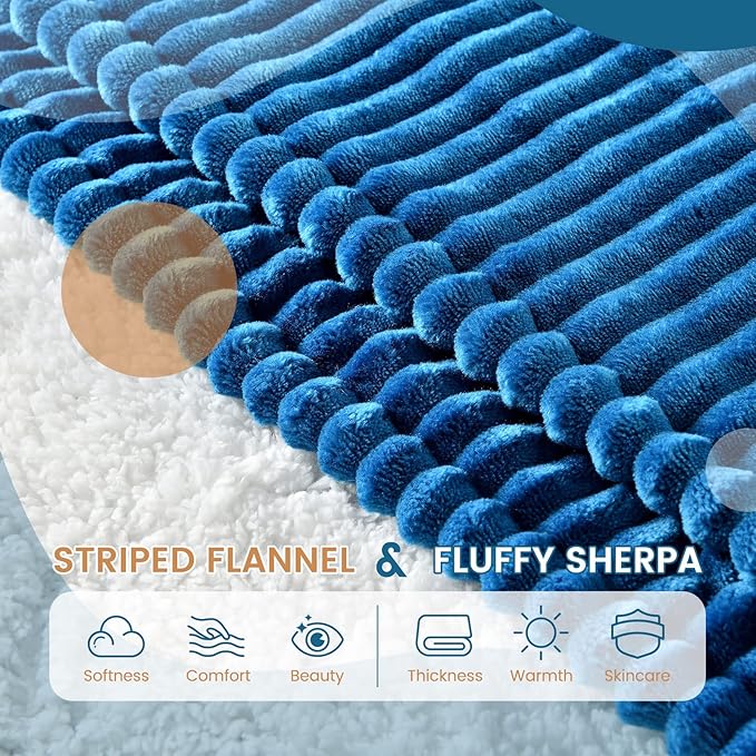 Bearhug Electric Heated Blanket, 62"x84" Ribbed Flannel & Sherpa Fast Heating Blanket, 10 Heating Levels & 1-12H Auto Off, Over-Heat Protect, ETL, Machine Washable