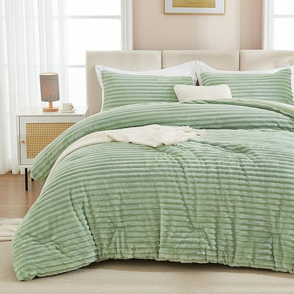 Andency Fleece Queen Comforter Set, 3 Pieces Sage Green Comforter Set for Queen Size Bed, Soft Warm Fluffy Fuzzy Bedding Set for Winter (1 Comforter & 2 Pillowcases)