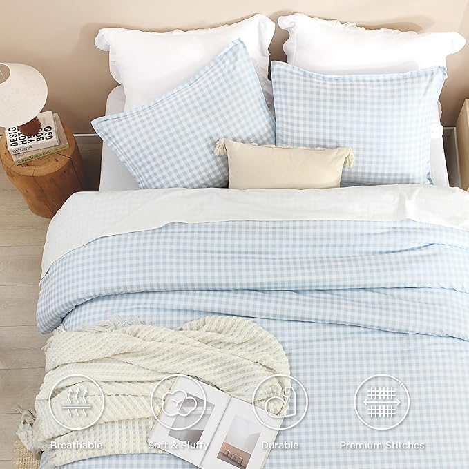 Andency Light Blue Gingham Comforter Set Full(79x90Inch), Checkered Grid Plaid Buffalo Bed Set for Girls Boys Kids Teens, 3 Pieces Lightweight Microfiber Geometric Preppy Bedding