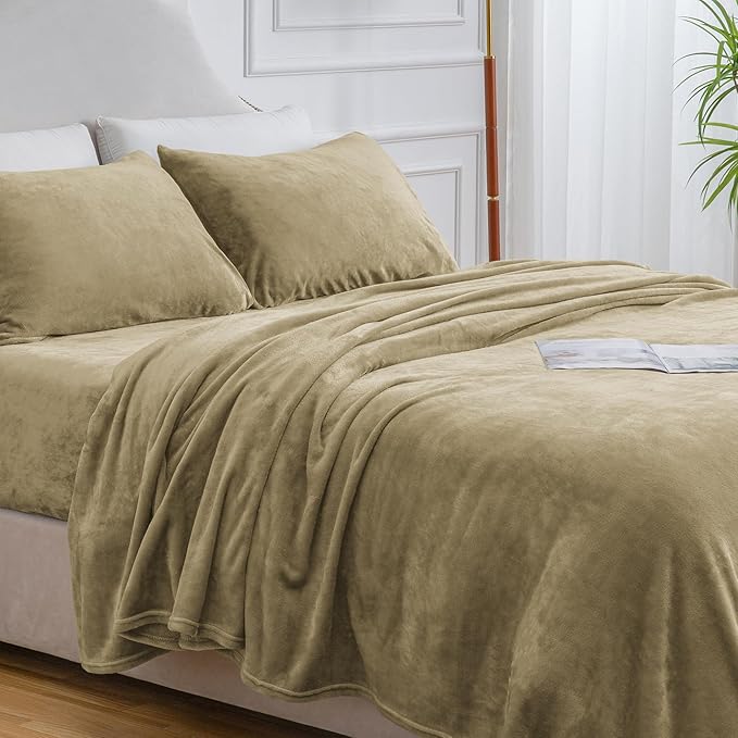 BEDELITE Flannel Sheets Twin Size Camel - Super Soft Fleece Sheets Set Fluffy Extra Plush, 3 Piece(Include Fitted Sheet, Flat Sheet, 1 Pillowcase)