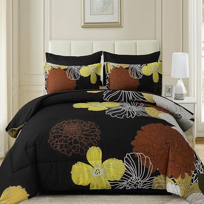 Yiran 7 Pieces Boho Floral Comforter Sets Black Brown Yellow Lightweight Comforter Bed in a Bag Flowers Microfiber Bedding Set for All Season,Queen Size 90''x90''