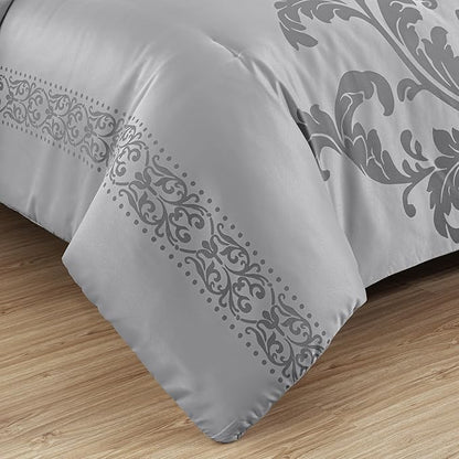 Chezmoi Collection Valor 7-Piece Queen Bed in a Bag, Silver/Gray Luxury Jacquard Floral Comforter with Sheets Set for All Season