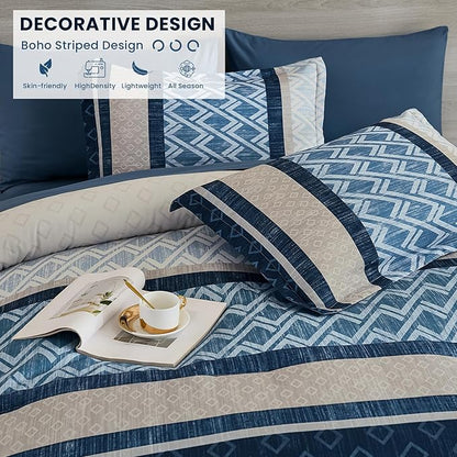 Cottolester Full Comforter Set 7 Pieces Blue Boho Striped Bed in a Bag,Soft Microfiber Complete Bedding Sets