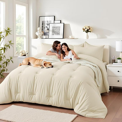 California King Size Comforter Set 7 Pieces - Soft Bed in a Bag King Bed Set, Cozy Luxury Bedding Sets with All Season Comforter, Flat Sheet, Fitted Sheet, 2 Pillowcases & 2 Shams, Beige