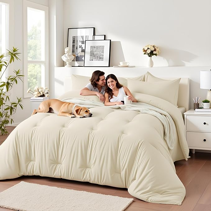 Oversized Queen Comforter Set 7 Piece - Soft Bed in a Bag Queen Size Comforter Sets, Cozy Bedding Sets with All Season Comforter, Flat Sheet, Fitted Sheet,2 Pillowcases & 2 Shams, Beige