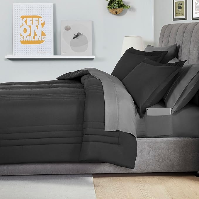 Full Size Comforter Set Quilted Stripe Bedding Bundle – Stylish Set with Comforter, Mattress Protector, Sheet Set & Pillow Shams — Sophisticated Striped Design for Home & Guest Rooms, Black/Charcoal
